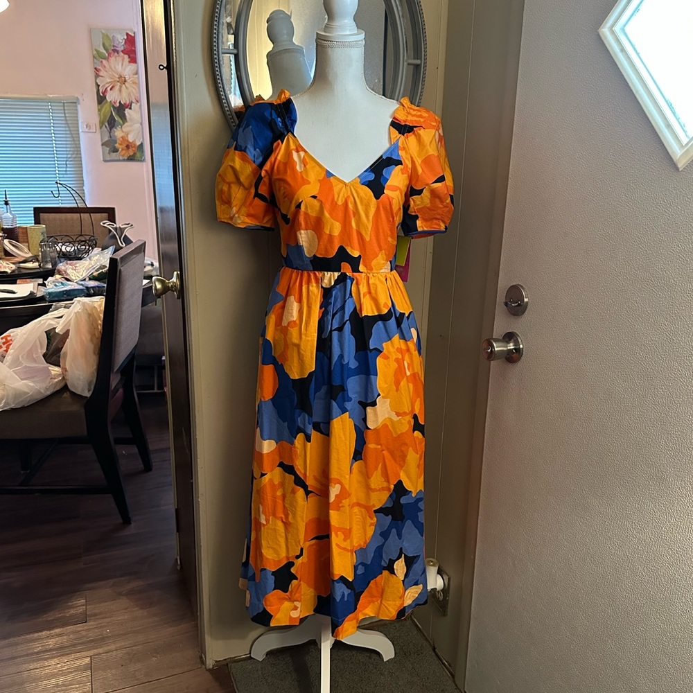 Tabitha Brown Floral Print Puff Sleeve Tie-Back Midi Dress